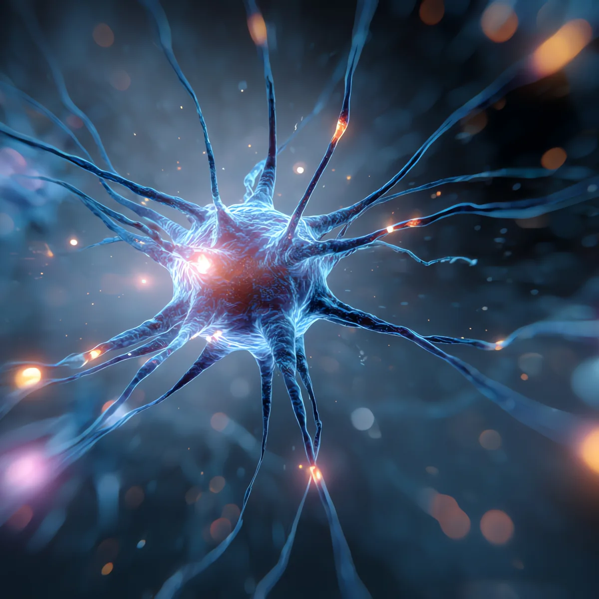 Ilustração de um neurônio com impulsos elétricos percorrendo os prolongamentos